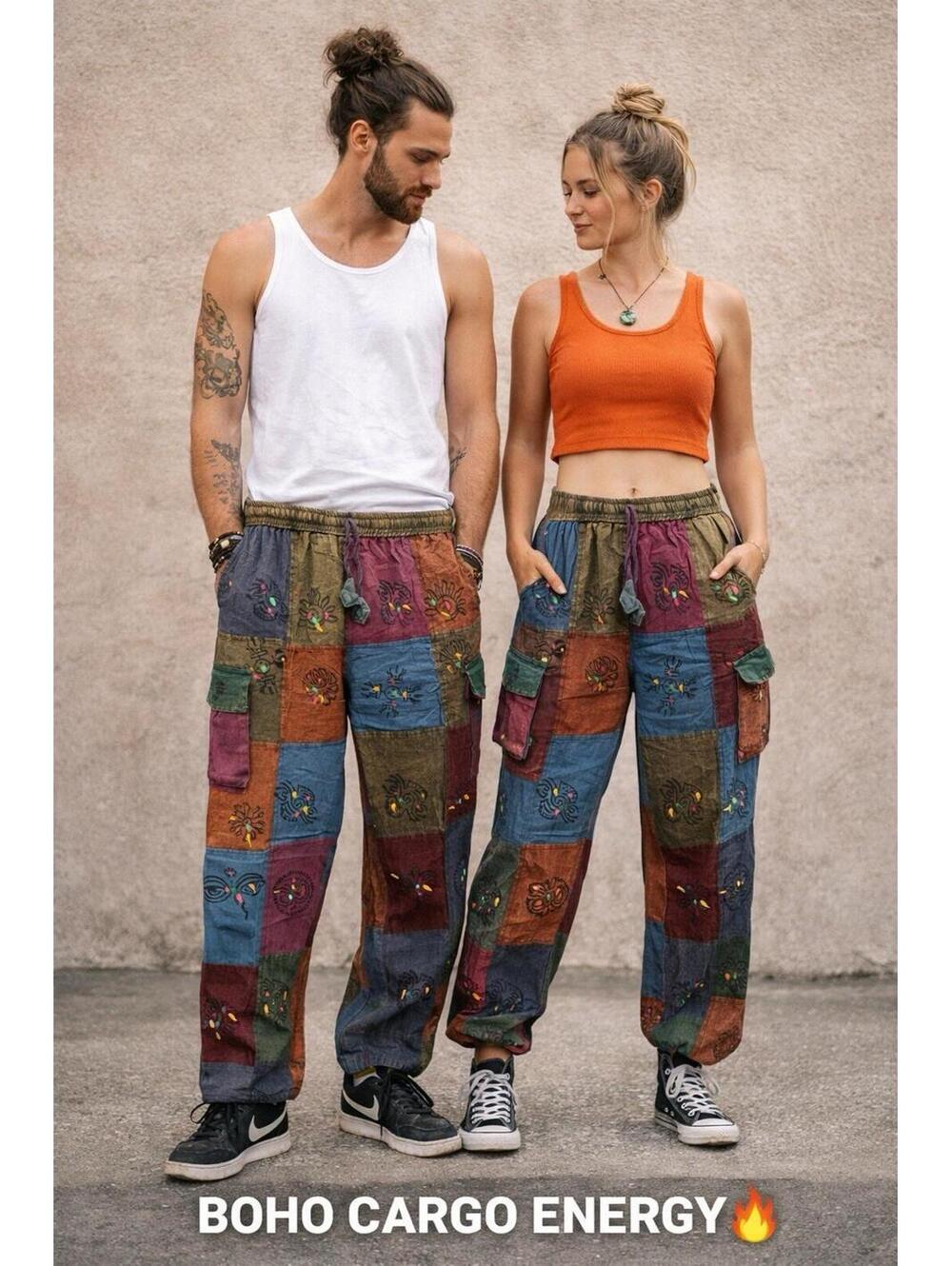 NWT Henna Shoppe Patchwork Cargo Pants Boho Festival Tie 2XL Unisex Cotton A25